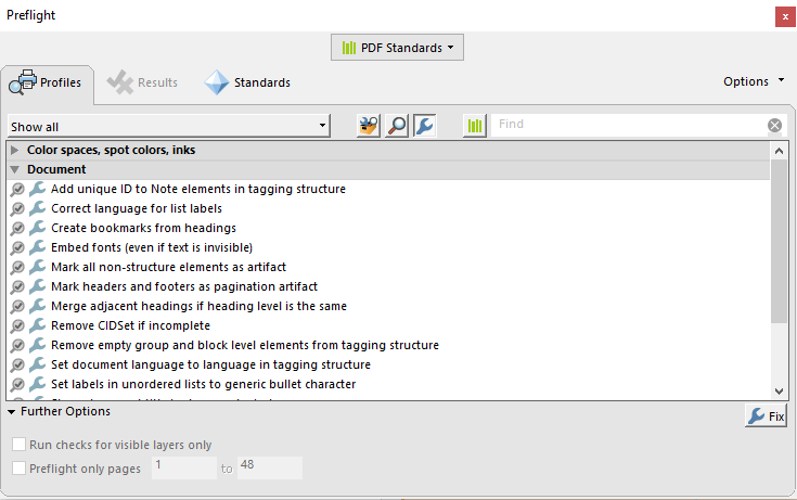 Preflight panel with PDF Standards selected from the top Dropdown menu and the wrench icon depressed for single fixups.