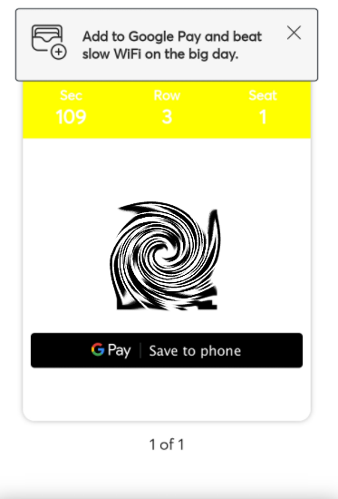 Screenshot of event ticket with yellow background and illegible white text.