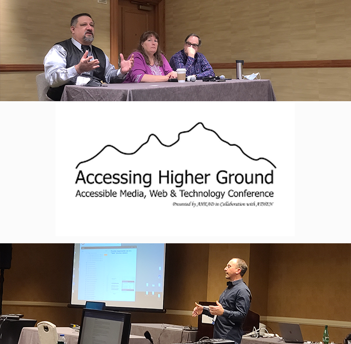 Accessing Higher Ground Conference Title. Dax speaking at a table. Chad presenting to an audience.