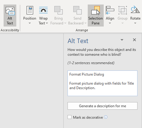 Office 365 version of the Alt Text dialog box
