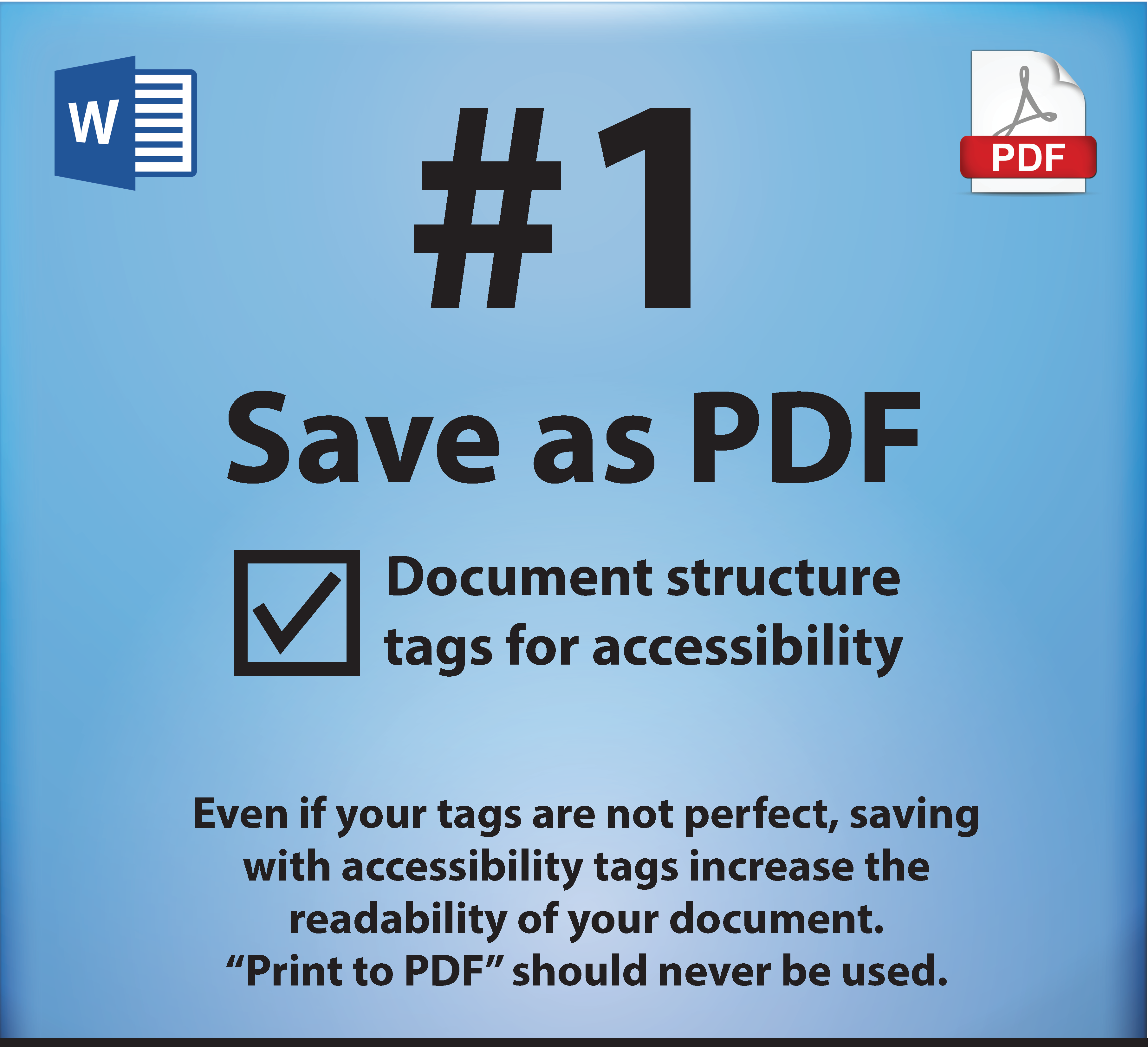 1. Save as PDF. Document structure tags for accessibility.