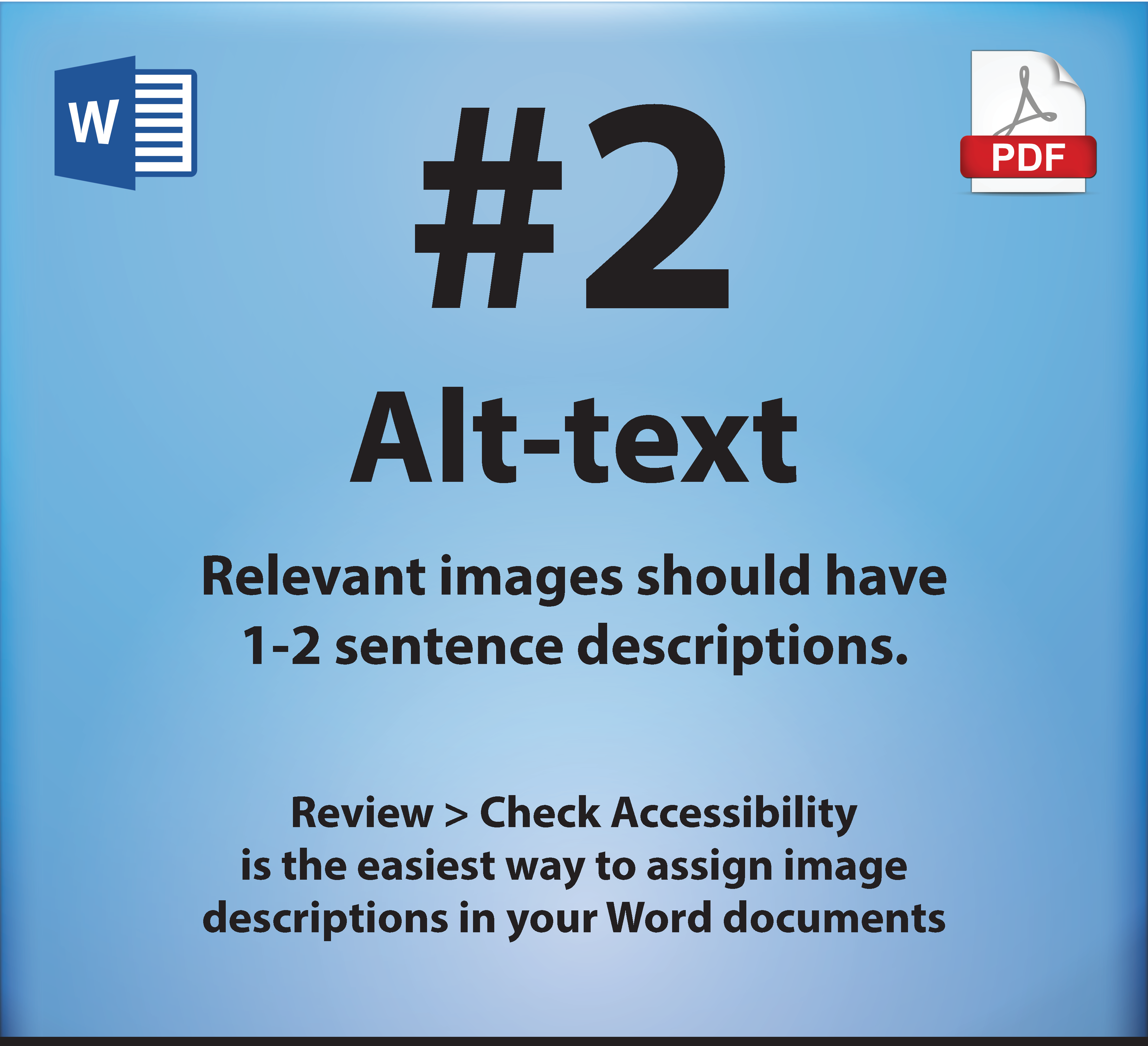 2. Alt-text. Relevant images should have 1 to 2 sentence descriptions.